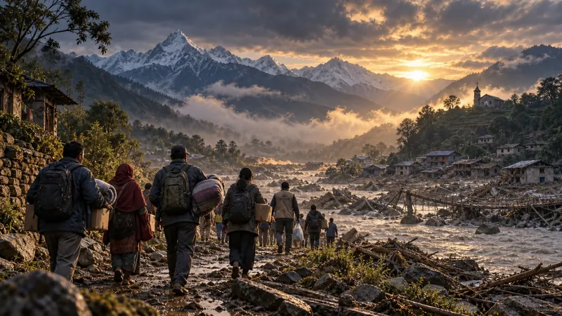 Editorial illustration of believers and relief workers carrying supplies into a Himalayan valley at dawn