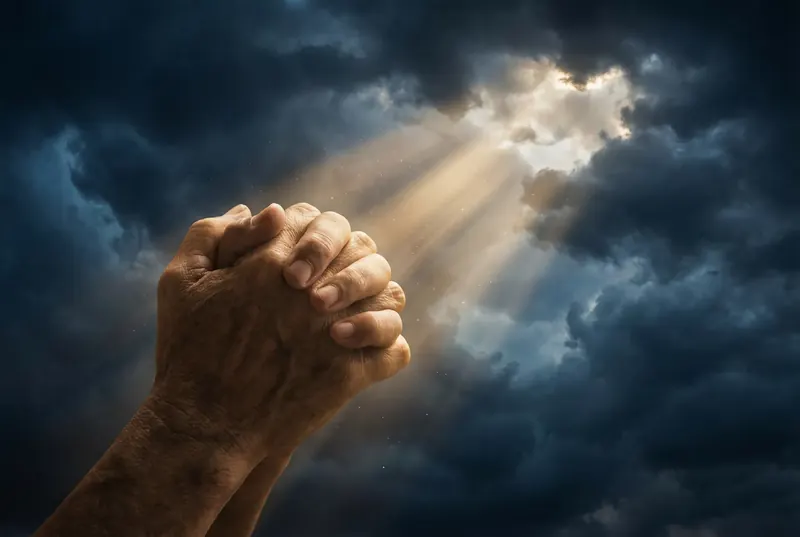 Hands folded in prayer in warm evening light