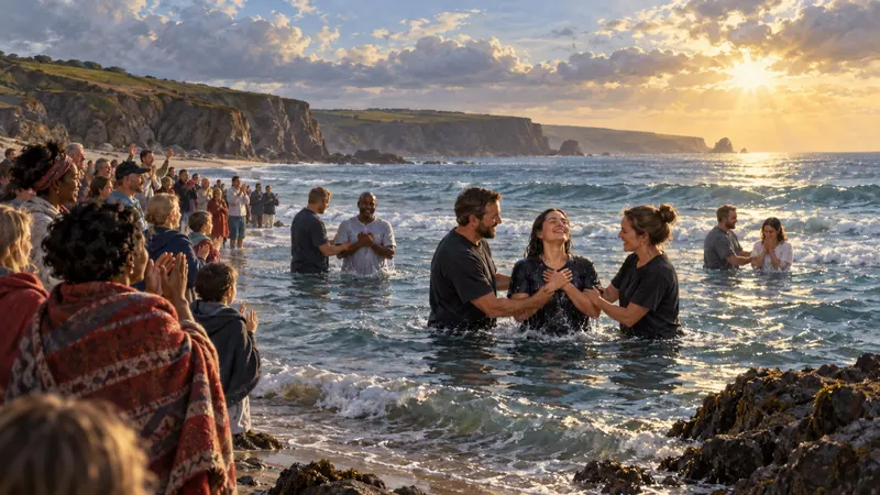 Believers gathered at the water's edge for outdoor baptisms