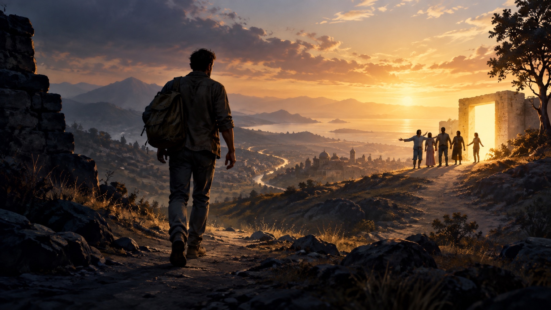 Editorial illustration of a traveller walking from shadow toward a welcoming group at sunrise