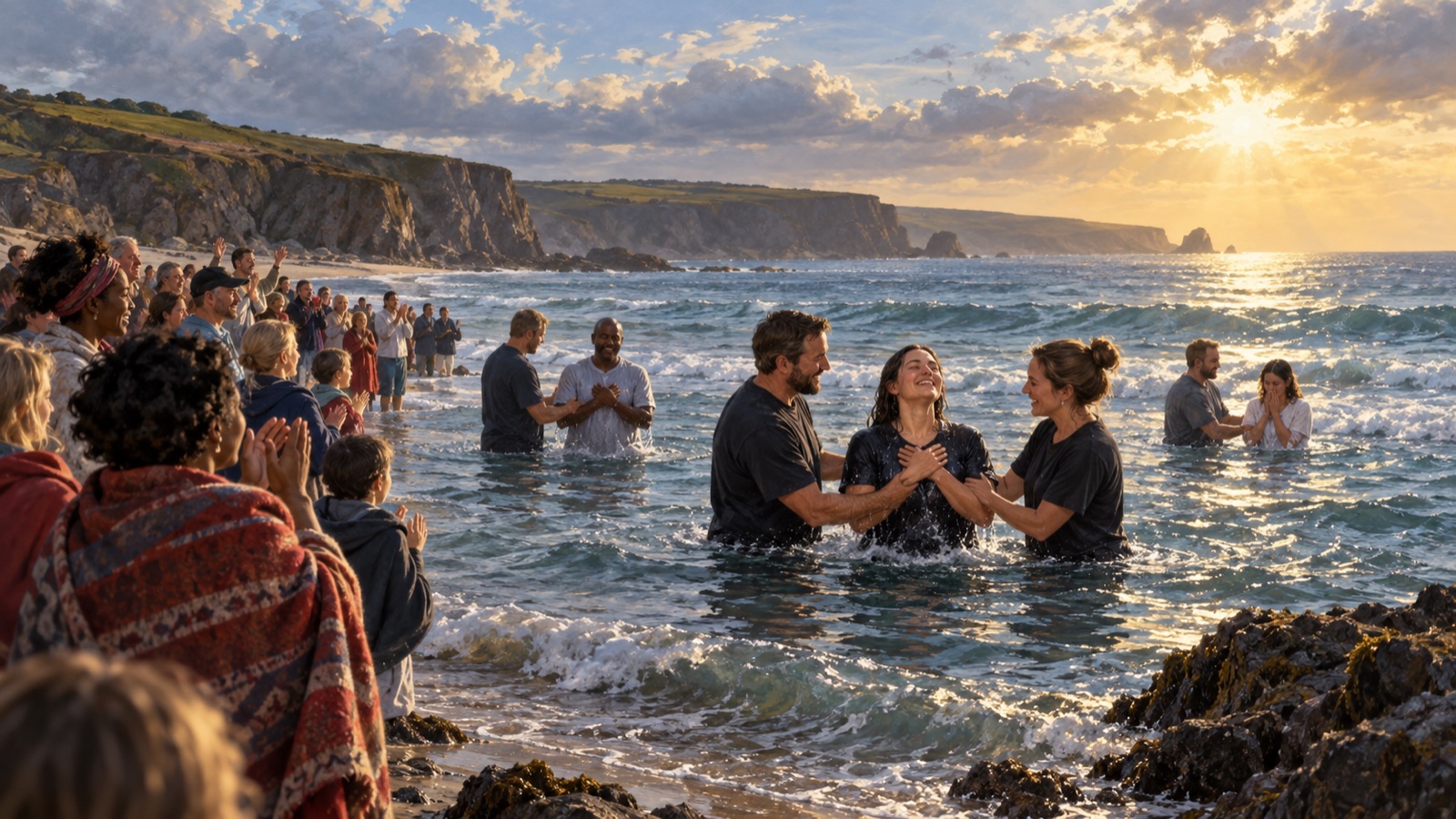 Editorial illustration of Christians gathered for baptisms along a British coastline at sunset